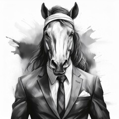 Wall Mural - illustration of a horse with headscarf and man body an men's suit with tie on acrylic painted watercolor drawing isolated on white background black and white