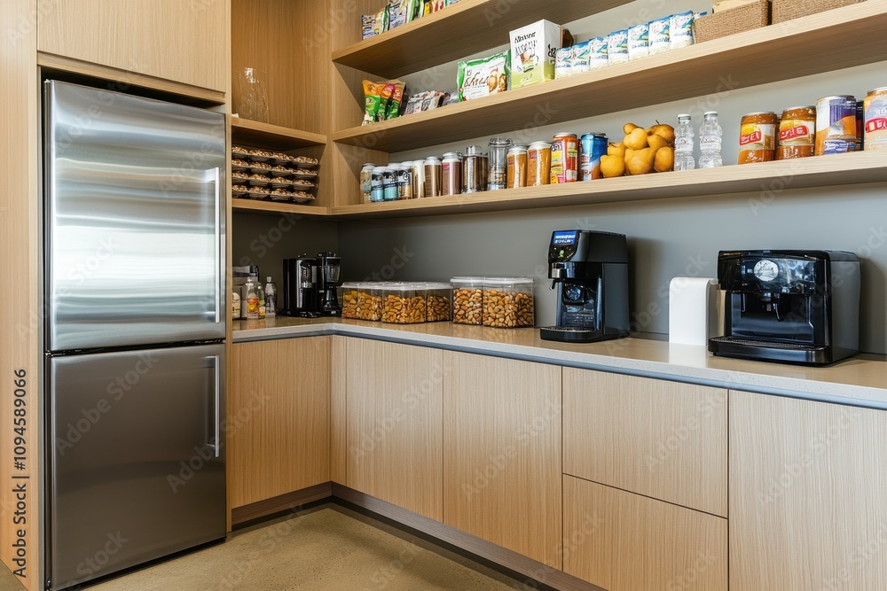 A modern kitchen area with appliances and organized food items. Stock ...