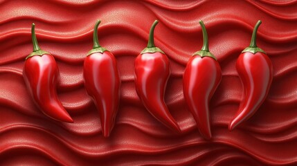 Wall Mural - Five red chili peppers on wavy red background.