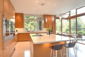 Wall Mural - Modern kitchen with sleek design, large windows, and a dining area overlooking greenery.