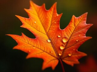 Wall Mural - Bright orange maple leaf adorned with raindrops captured in an autumn landscape