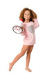 © Danko - little african american kid girl 4 years old in casual dress holding megaphone isolated on transparent background children studio portrait. Childhood lifestyle concept. PNG transparent.
