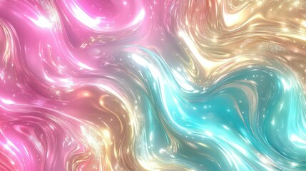 Wall Mural - A radiant, holographic foil background with a marble-like texture that blends rainbow colors in a swirling, organic pattern. Bright pink, turquoise, gold, and violet tones weave together in a glossy.