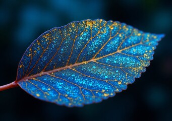 Wall Mural - Colorful raindrops on a vibrant blue leaf illuminated by soft light in a serene natural setting