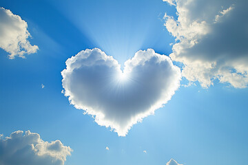 Heart shaped cloud in the blue sky with sun rays. Love concept