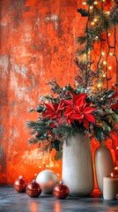 Wall Mural - christmas tree with presents and orange ornaments is standing near orange wall