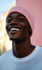 Wall Mural - A smiling man wearing a pink hat