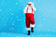 © deagreez - Full size photo of funky fat crazy santa claus with big abdomen beard dance x-mas christmas holly party club wear suspenders overalls sunglass boots isolated blue color background