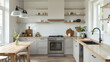© shri radha - A contemporary kitchen features light wood countertops and a dining table, gray shaker cabinets, a stainless steel range, and black industrialstyle pendant lights.