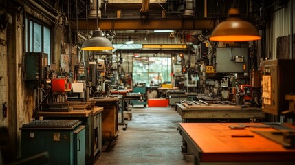 Wall Mural - A cluttered workshop with tools and machinery, lit by overhead lamps