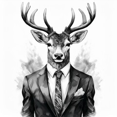 Wall Mural - illustration of a deer with man body an men's suit with tie on acrylic painted watercolor drawing isolated on white background black and white