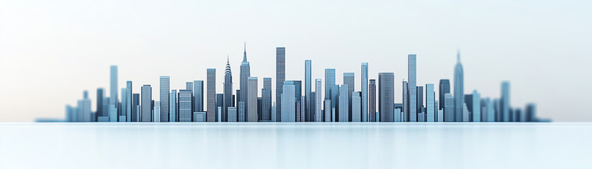 A panoramic view of a modern city skyline featuring sleek skyscrapers against a light background, conveying a sense of urban architecture and design.