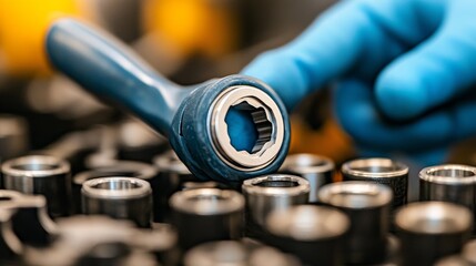 A Gloved Hand Holding a Wrench Over a Set of Sockets