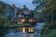 © EUT - Cozy cabin by the river at dusk. Perfect for websites, blogs, or travel brochures needing a tranquil autumn scene.