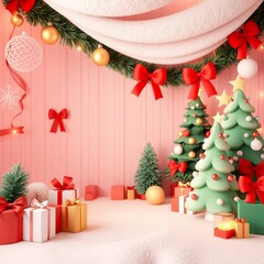 Festive Christmas background with two cartoon Christmas trees, ornaments, red bows, and presents on a pink wood background.