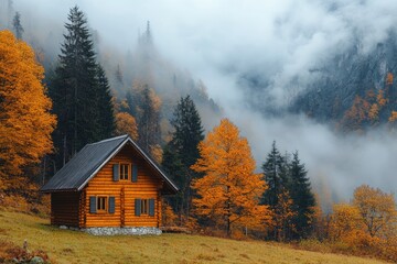 Poster - Cozy wooden cabin nestled in misty autumn mountains