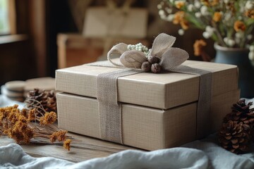 Wrapped gift boxes with rustic decorations on wooden table