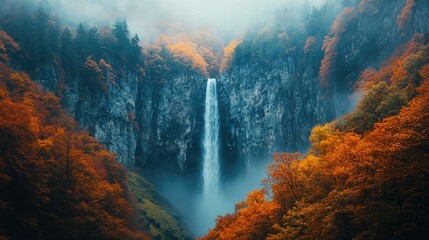 Poster - Majestic waterfall cascading through autumnal forest and misty cliffs