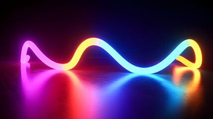 3d rendering of a multicolored neon curved line with loops, glowing in the dark and reflected in a mirrored floor. Abstract synthwave background. Rainbow colors.