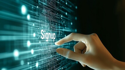 Wall Mural - register signup. a hand reaching towards a glowing 