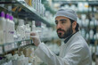 © HQAsset - Pharmacist Carefully Selects Medications from Pharmacy Shelves in a Detailed Close-up Shot.