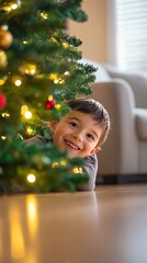 Wall Mural - Joyful holiday spirit captured in a child's beaming smile as they peek out from behind a beautifully decorated Christmas tree, lights twinkling in the background.