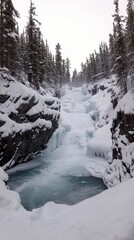 Poster - Frozen waterfall cascades through a snowy forest, creating a serene winter landscape, AI