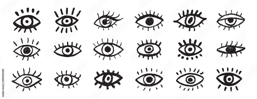 Grunge eyes hand drawn doodle icon set. Open black eyes with bold line ...