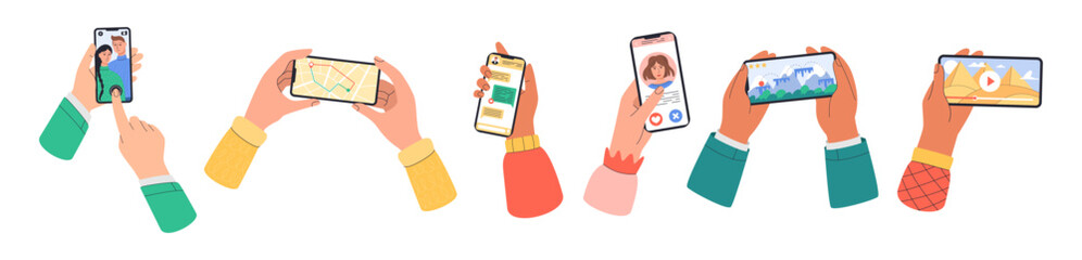 Phone in hand. People hold smartphones. Play video games, watch maps, take photos, selfies, search internet, use media apps, device screen. Cartoon flat style isolated illustration. Vector garish set
