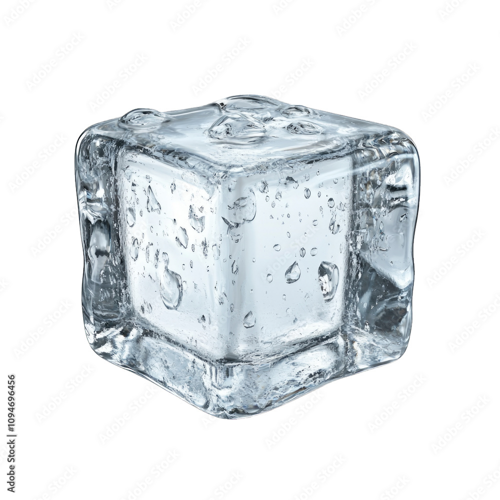 Clear ice cube with droplets on a transparent background isolated on ...