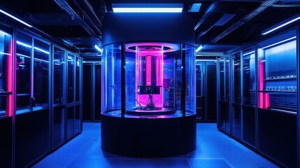 Wall Mural - quantum computing specialists working on complex tech, futuristic lab setup