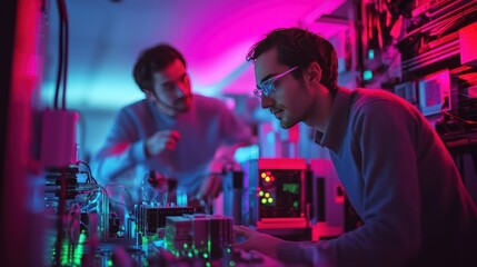 Wall Mural - quantum computing specialists working on complex tech, futuristic lab setup