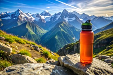 Wall Mural - Sports drink bottle on rocky outcrop overlooking snow-capped mountains