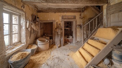 Wall Mural - A dilapidated, cluttered room with a wooden staircase and a window