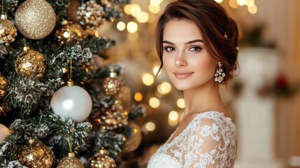 Wall Mural - Close-up of an attractive girl with rose gold makeup, joyfully holding a shiny ornament by a festive spruce tree adorned with lights and garland