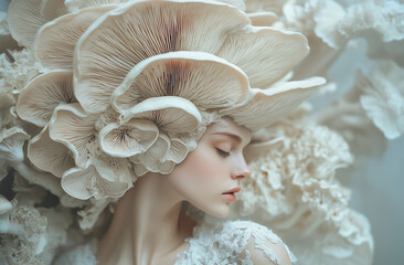 Wall Mural - A stunning woman with a mushroom-like head, wearing a white haute couture dress, styled like a fashion photography masterpiece.