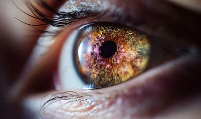 AGI concept with human eye reflecting digital code