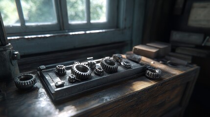 Wall Mural - A Collection of Gears and Tools on a Wooden Table by a Window