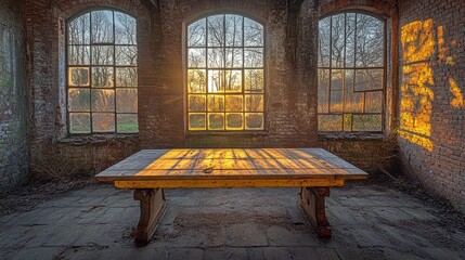 Wall Mural - A Rustic Wooden Table in an Abandoned Room with Three Windows