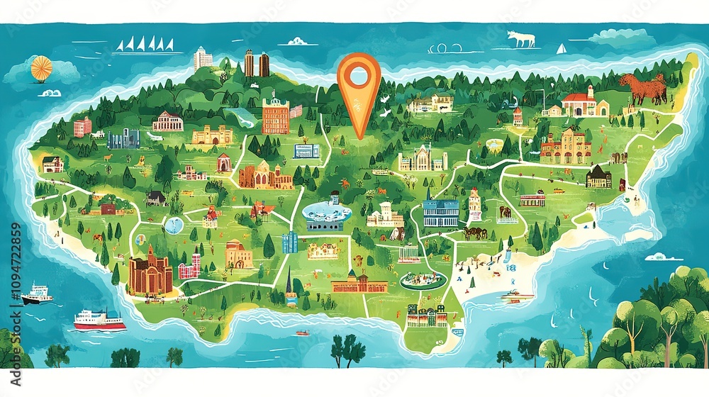 Illustrated map showcasing island landmarks, buildings, and activities ...