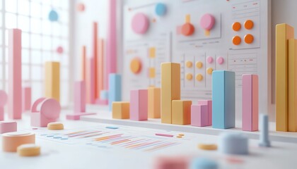 3D rendering of financial charts, graphs, and data with a clean, professional layout on a white background, financial analysis and business concept