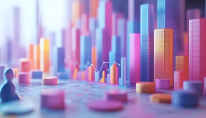 3D rendering of financial charts, graphs, and data with a clean, professional layout on a white background, financial analysis and business concept