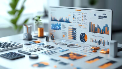 3D rendering of financial charts, graphs, and data with a clean, professional layout on a white background, financial analysis and business concept