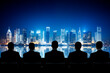 © Answer 7 - Business people sitting together looking at a futuristic city, image created with AI
