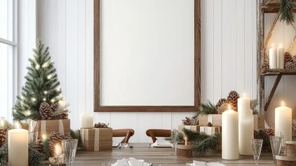 Sticker - A beautifully decorated dining room features a blank wooden frame, Christmas tree, candles, and greenery, creating a festive atmosphere