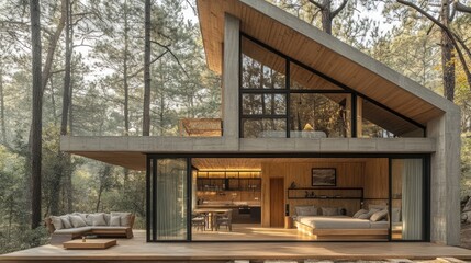 Wall Mural - Modern Concrete and Wood Cabin nestled in a serene forest setting.