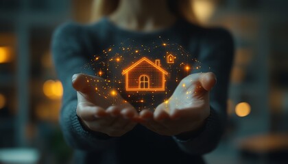 Fototapete - Corporate leader holding glowing holographic home icons, surrounded by cuttingedge digital transformation tools and modern office ambiance