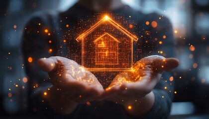 Fototapete - Corporate leader holding glowing holographic home icons, surrounded by cuttingedge digital transformation tools and modern office ambiance