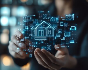Aufkleber - Futuristic real estate professional showcasing digital home icons, with holographic effects and a sophisticated corporate setting