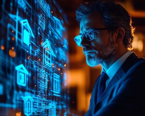 Aufkleber - Immersive futuristic real estate scene businessman with glowing 3D holographic houses, neon blue accents, and cuttingedge smart home technology
